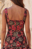 Vestido de Finalistas Curto de Finalistas, Flor Vermelha, Decote Bateau, Justo e Folhos