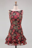 Vestido de Finalistas Curto de Finalistas, Flor Vermelha, Decote Bateau, Justo e Folhos