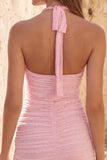 Vestido curto de regresso a casa, decote cor-deco, decote halter, cor-decote cor-de-rosa, com bordas