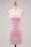 Vestido curto de regresso a casa, decote cor-deco, decote halter, cor-decote cor-de-rosa, com bordas