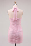 Vestido curto de regresso a casa, decote cor-deco, decote halter, cor-decote cor-de-rosa, com bordas