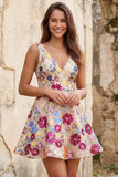 Vestido Curto de Finalistas de Finalistas em Flor Fúcsia com Gola em V, Linha A