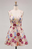 Vestido Curto de Finalistas de Finalistas em Flor Fúcsia com Gola em V, Linha A