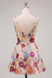 Vestido Curto de Finalistas de Finalistas em Flor Fúcsia com Gola em V, Linha A