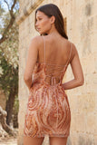 Vestido curto de regresso a casa, Bodycon laranja, alças finas, lantejoulas