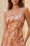Vestido curto de regresso a casa, Bodycon laranja, alças finas, lantejoulas