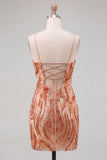 Vestido curto de regresso a casa, Bodycon laranja, alças finas, lantejoulas