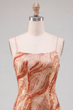 Vestido curto de regresso a casa, Bodycon laranja, alças finas, lantejoulas