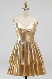 Vestido Curto de Finalistas de Finalistas Metálicos Linha A dourado