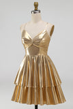 Vestido Curto de Finalistas de Finalistas Metálicos Linha A dourado