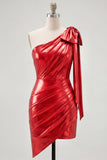 Vestido Curto de Regresso a Casa Vermelho Metálico Assimétrico Assimétrico de Um Ombro com Laço