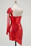 Vestido Curto de Regresso a Casa Vermelho Metálico Assimétrico Assimétrico de Um Ombro com Laço