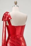 Vestido Curto de Regresso a Casa Vermelho Metálico Assimétrico Assimétrico de Um Ombro com Laço