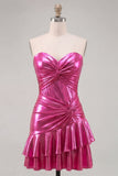 Sweetheart Fuchsia Fúcsia Linha A, vestido curto metálico franzido em camadas para o regresso ao lar