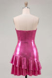 Sweetheart Fuchsia Fúcsia Linha A, vestido curto metálico franzido em camadas para o regresso ao lar