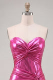 Sweetheart Fuchsia Fúcsia Linha A, vestido curto metálico franzido em camadas para o regresso ao lar