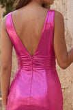 Vestido de finalistas de finalistas, azul céu metálico, decote em V, apertado e apertado