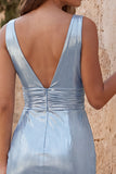 Vestido de finalistas de finalistas, azul céu metálico, decote em V, apertado e apertado