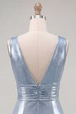 Vestido de finalistas de finalistas, azul céu metálico, decote em V, apertado e apertado