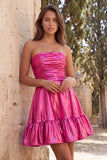 Vestido Curto de Regresso a Casa Metálico Metálico Dourado Sem Alças com Folhos