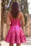 Vestido Curto de Regresso a Casa Metálico Metálico Dourado Sem Alças com Folhos