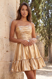 Vestido Curto de Regresso a Casa Metálico Metálico Dourado Sem Alças com Folhos