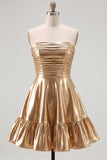 Vestido Curto de Regresso a Casa Metálico Metálico Dourado Sem Alças com Folhos