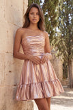 Vestido Curto de Regresso a Casa Metálico Metálico Dourado Sem Alças com Folhos