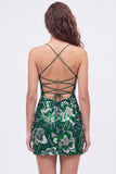 Vestido de regresso a casa azul bodycon alças finas, lantejoulas com missangas e renda nas costas