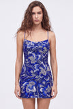 Vestido de regresso a casa azul bodycon alças finas, lantejoulas com missangas e renda nas costas