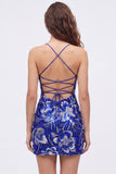 Vestido de regresso a casa azul bodycon alças finas, lantejoulas com missangas e renda nas costas