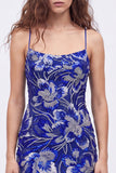 Vestido de regresso a casa azul bodycon alças finas, lantejoulas com missangas e renda nas costas