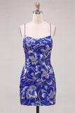 Vestido de regresso a casa azul bodycon alças finas, lantejoulas com missangas e renda nas costas