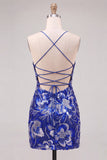 Vestido de regresso a casa azul bodycon alças finas, lantejoulas com missangas e renda nas costas