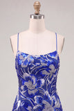 Vestido de regresso a casa azul bodycon alças finas, lantejoulas com missangas e renda nas costas