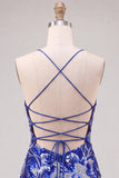 Vestido de regresso a casa azul bodycon alças finas, lantejoulas com missangas e renda nas costas