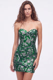 Vestido curto de regresso a casa, Lantejoulas Verdes Bodycon Sem Alças, Renda nas Costas