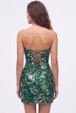 Vestido curto de regresso a casa, Lantejoulas Verdes Bodycon Sem Alças, Renda nas Costas