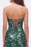 Vestido curto de regresso a casa, Lantejoulas Verdes Bodycon Sem Alças, Renda nas Costas