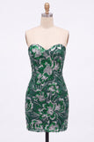 Vestido curto de regresso a casa, Lantejoulas Verdes Bodycon Sem Alças, Renda nas Costas