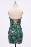 Vestido curto de regresso a casa, Lantejoulas Verdes Bodycon Sem Alças, Renda nas Costas
