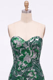 Vestido curto de regresso a casa, Lantejoulas Verdes Bodycon Sem Alças, Renda nas Costas