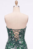 Vestido curto de regresso a casa, Lantejoulas Verdes Bodycon Sem Alças, Renda nas Costas