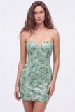 Vestido curto de regresso a casa, Lantejoulas Verdes Bodycon Sem Alças, Renda nas Costas