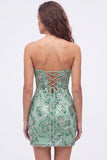Vestido curto de regresso a casa, Lantejoulas Verdes Bodycon Sem Alças, Renda nas Costas
