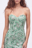 Vestido curto de regresso a casa, Lantejoulas Verdes Bodycon Sem Alças, Renda nas Costas