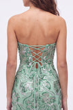 Vestido curto de regresso a casa, Lantejoulas Verdes Bodycon Sem Alças, Renda nas Costas