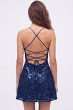 Lantejoulas azul-marinho A-Line Straps de alças finas Vestido curto de regresso a casa com renda nas costas