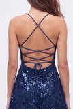 Lantejoulas azul-marinho A-Line Straps de alças finas Vestido curto de regresso a casa com renda nas costas