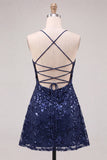 Lantejoulas azul-marinho A-Line Straps de alças finas Vestido curto de regresso a casa com renda nas costas